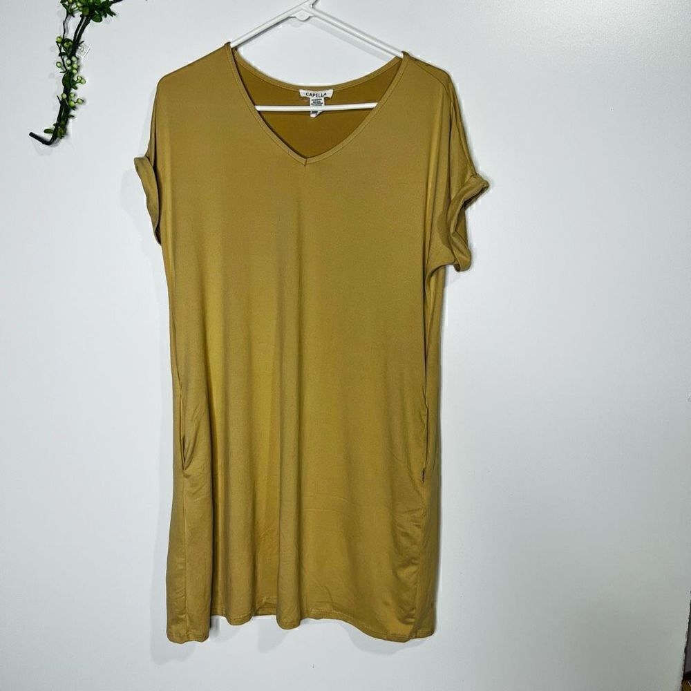 Capella Women's Brown V-neck Cap Sleeves Pocket Tee Dress Size Medium